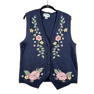 Vintage Floral Embroidered Sweater Vest Sz M Cottagecore Granny Ramie Blend